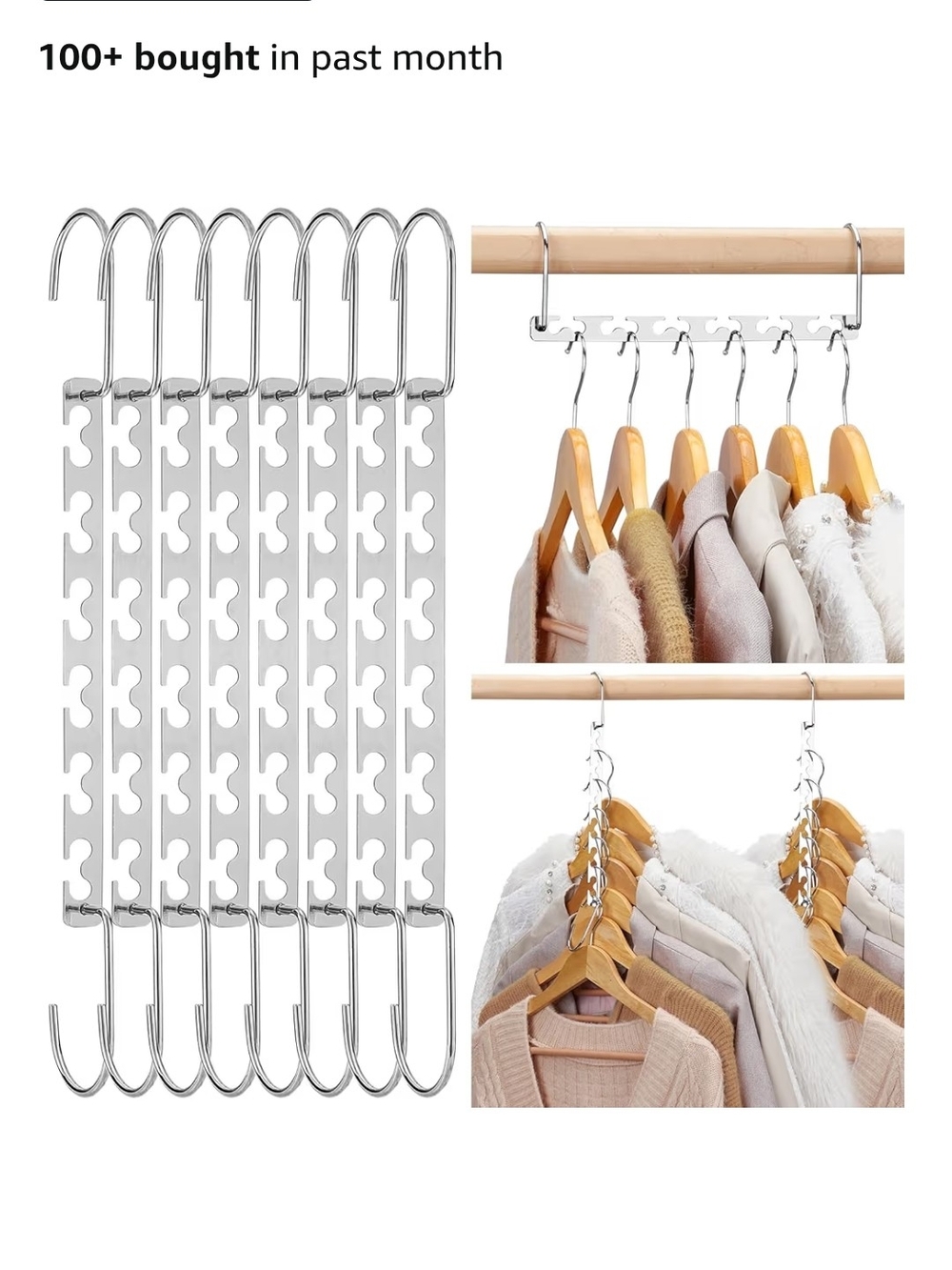 Space-Saving Multi-Hook Closet Organizer Hanger - Silver Metal Pack Of 8